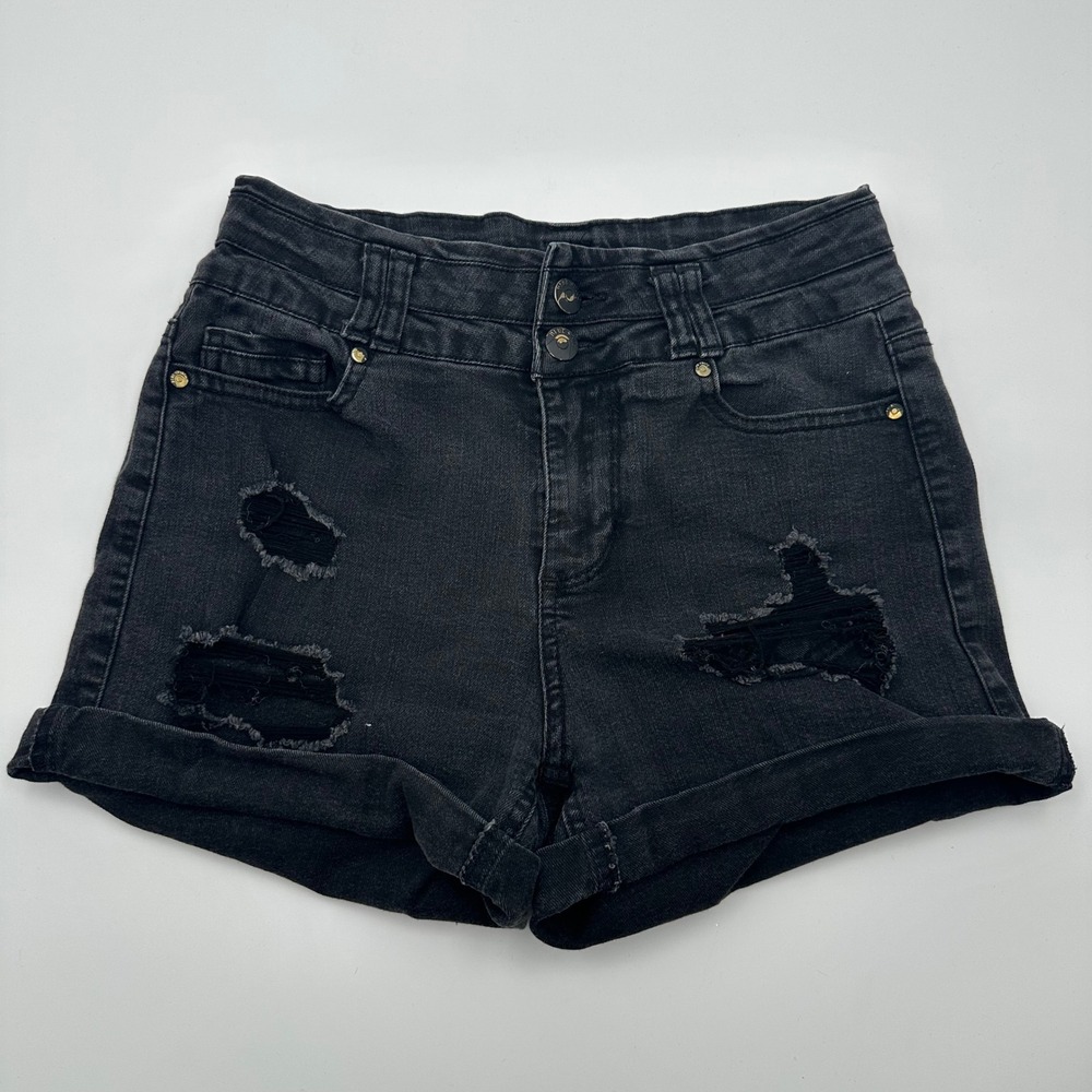 Blue Spice Black Denim Distressed Cuffed Shorts Womens Size 3/4